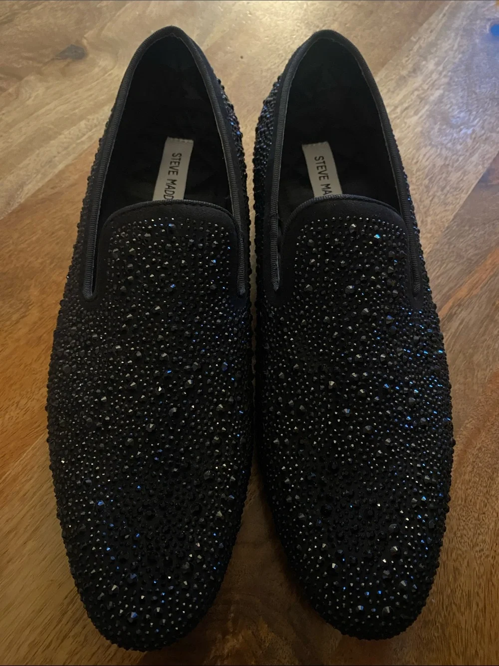 Steve Madden Black Crystal-Embellished Slip-On Loafers